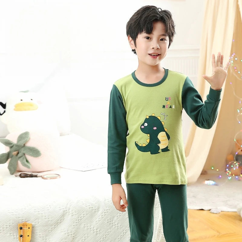 Children's Autumn Clothes and Pants Pure Cotton Set for Boys and Girls Warm Underwear Cartoon Pattern Children's Pajamas Set