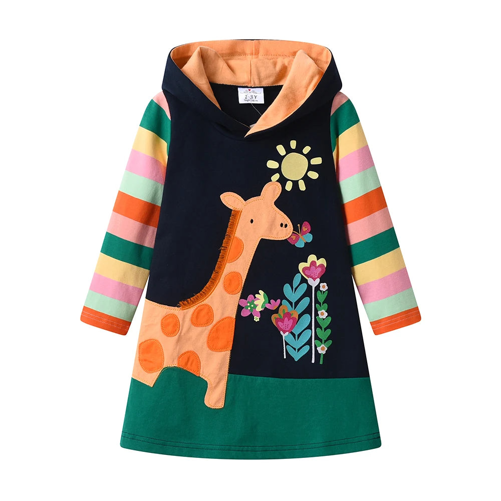 DXTON Girls Sporty Hooded Dress Rainbow Striped Children Dress Floral Giraffe Applique Animal  Winter Baby Toddler Casual Dress