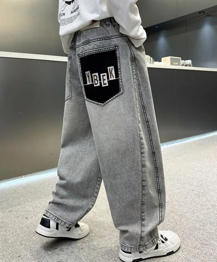 Light Grey Boys' Denim Pants Spring Autumn Casual Relaxed Fit Medium To Large Kids Jeans