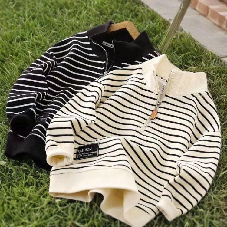 2025 New Boys' Medium-Large Lightweight Autumn Polo-Style Sweatshirt - Striped Half-Zip with Stand Collar & Lapel Top