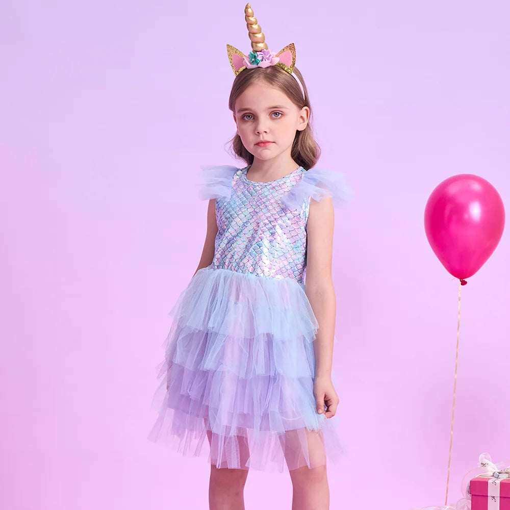 VIKITA Girls Flare Sleeve Summer Dress Kids Mermaid Print Birthday Party Travel Beach Princess Dresses Girls Mesh Tulle Dress