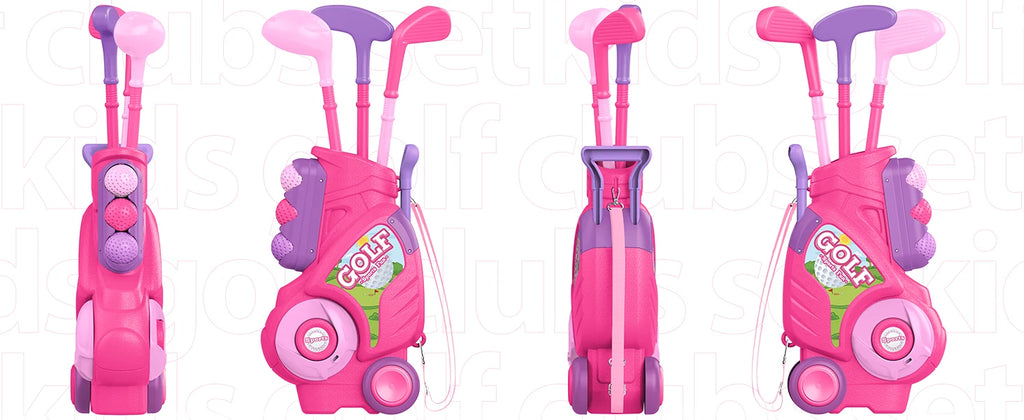 Toddler Golf Club Set Kids Golf Cart with Wheels Shoulder Strap Indoor & Outdoor Sports Toys Christmas Gift for Boys Girls