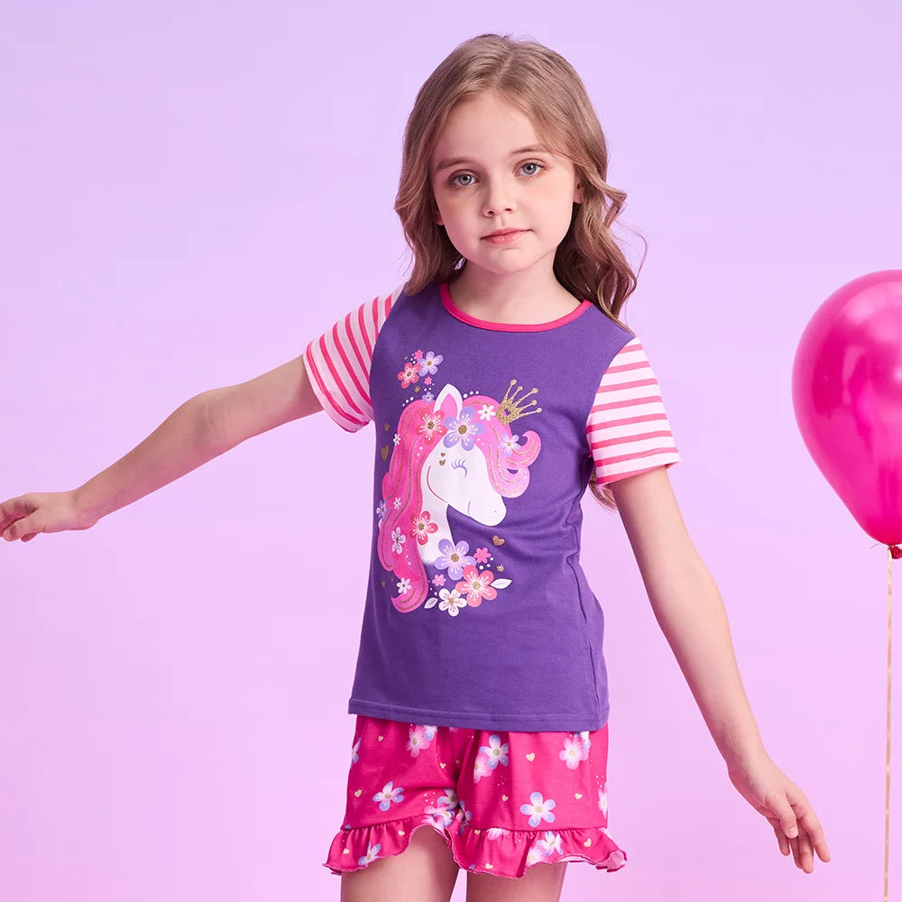 VIKITA Girls O Neck Short Sleeve Summer T Shirts Kids Unicorn Print Cartoon Tops and Tees Girls Cotton Casual Daily Clothes