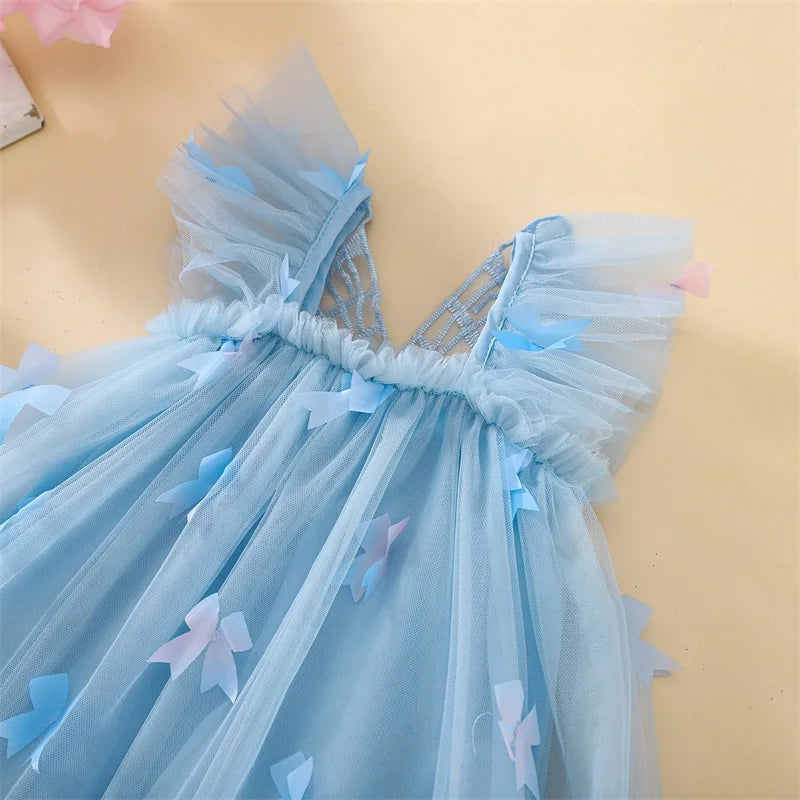 Elegant Baby Girl Lace Dress Sleeveless Square Neck Bow Tulle Princess Dress Toddler Party Dress with Angel Wings