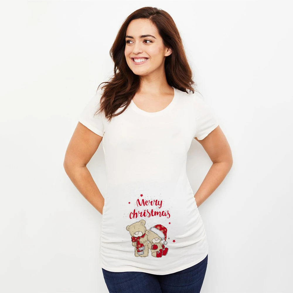 Merry Christmas Cartoon Print Maternity T-shirt Xmas Casual Pregnant Women Reindeer Graphic T Shirt Pregnancy Announcement Tees