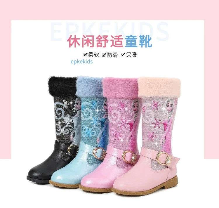 Disney Girls' Leather Boots Winter Cartoon Frozen Boots Zipper High Plush Princess Elsa Boots Warm Children's Boots Size 25-36