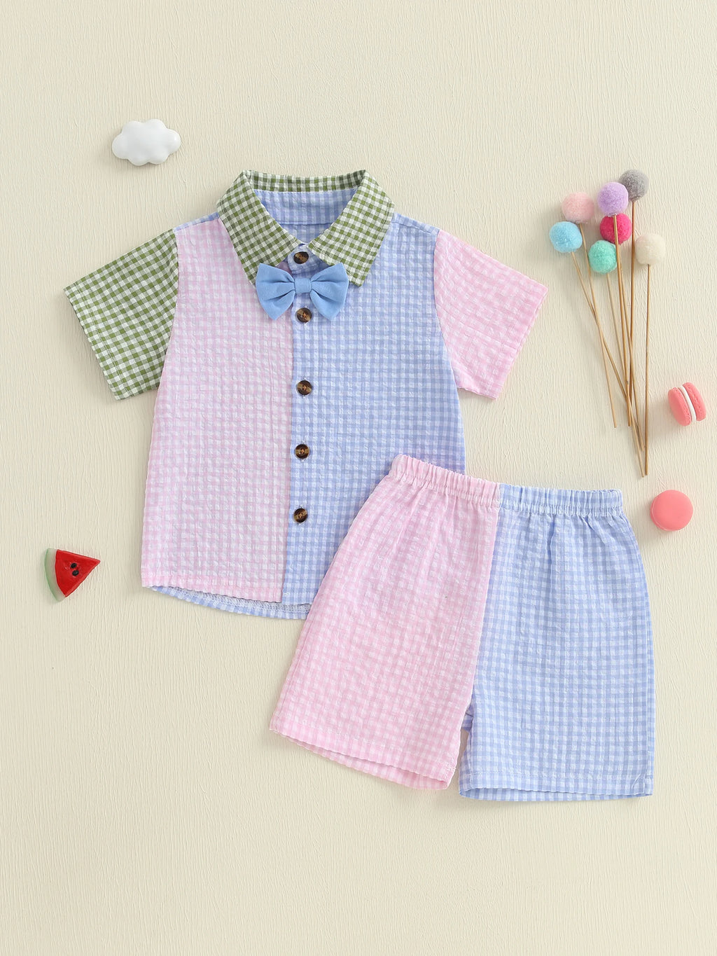 Toddler Boys Summer Outfit Striped Short Sleeve Shirt with Drawstring Waist Shorts Set Kids Casual Plaid Clothing