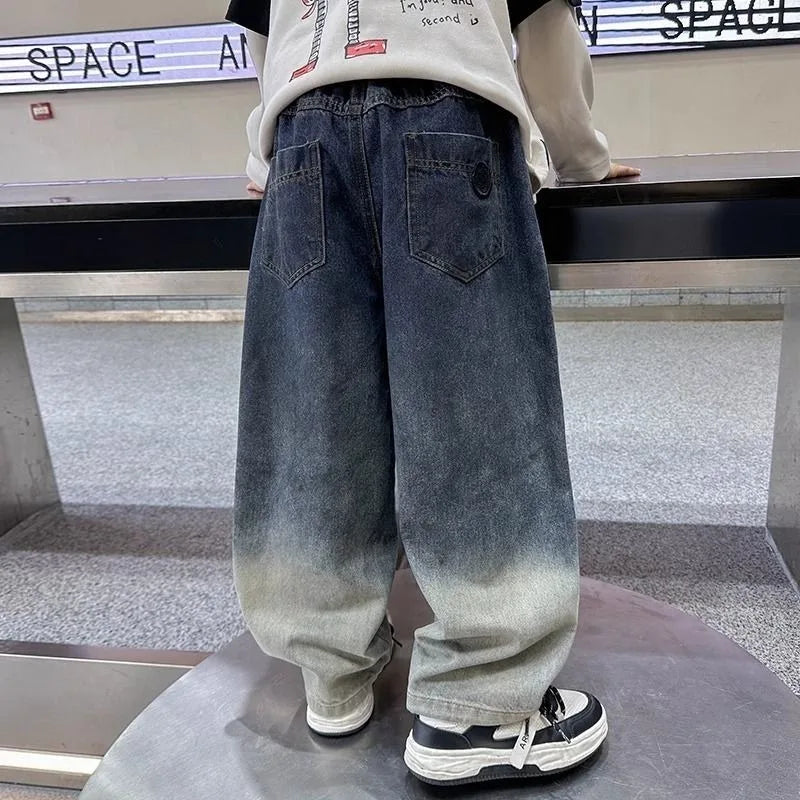 2025 New Boys' Gradient Denim Jeans Straight Leg Loose Fit Wide Pants for Kids Spring/Fall Casual Wear, Trendy & Stylish