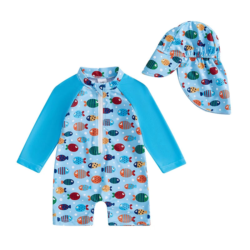 Toddler Boy UV Protection Swimsuit Set with Fish Print Long Sleeve Rash Guard Half Zipper and Sunhat for Sun Safety