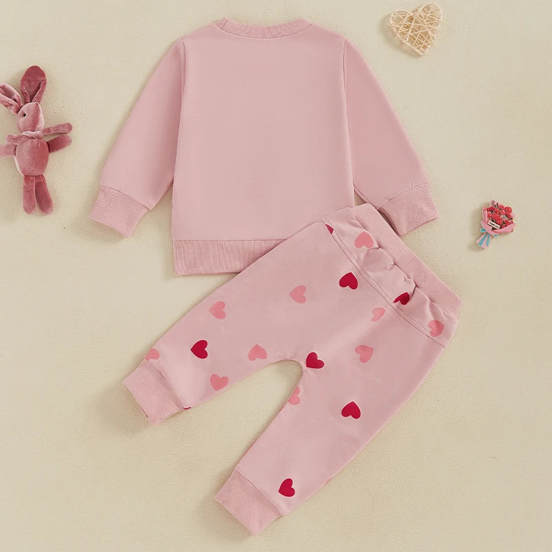 Toddler Girls 2-piece Set Adorable Long Sleeve Hoodie with Embroidered Letters and Heart Print Sweatpants Valentine s Day