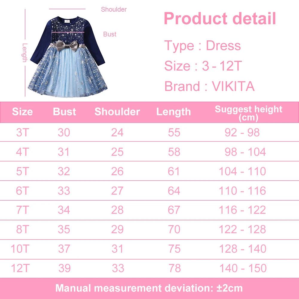 VIKITA Weihnachtskleid für Mädchen, Pailletten-Prinzessinnenkleid, Kinder-Spitzen-Mesh-Ballkleid, elegantes blaues Kleid für Neujahr