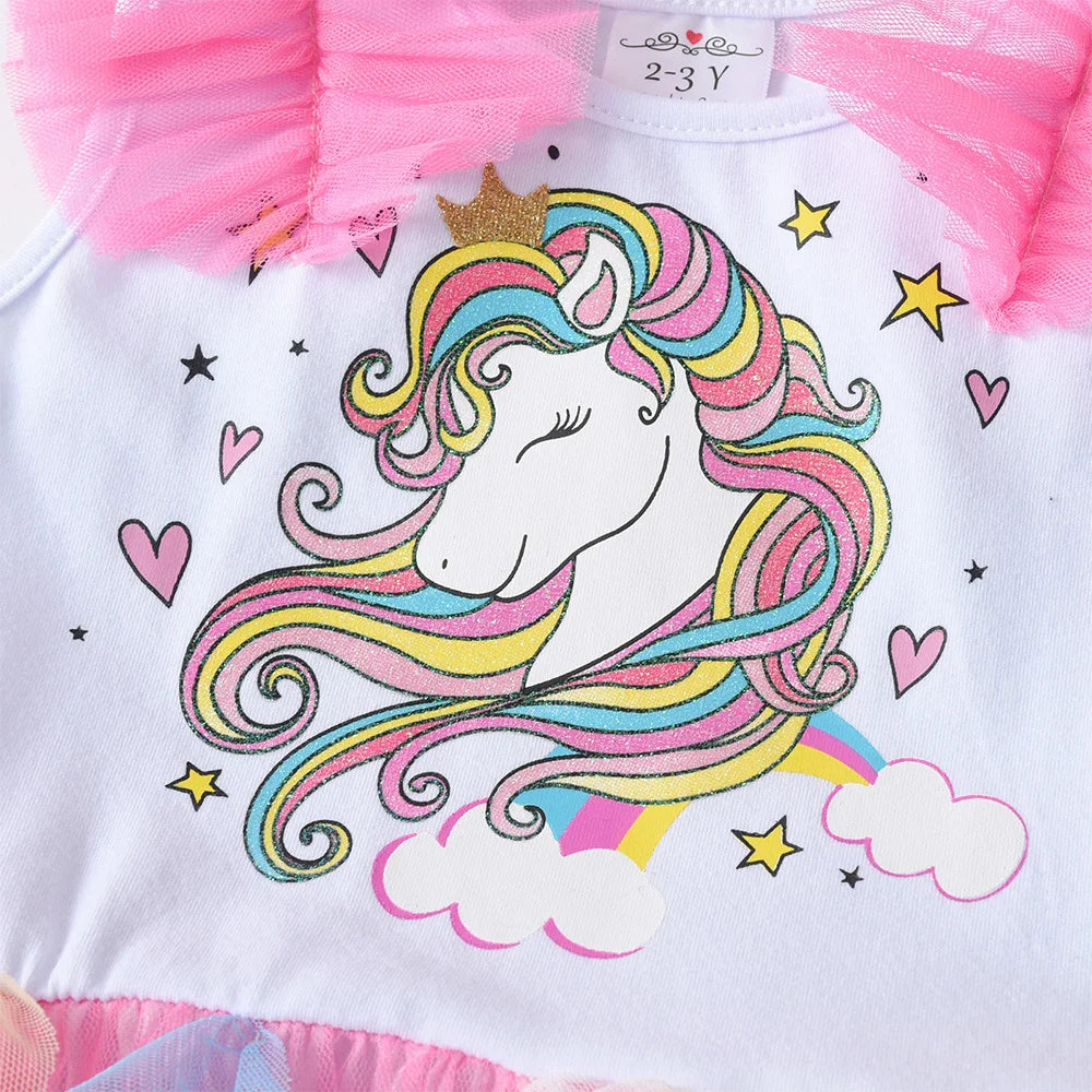 VIKITA Girls Tutu Dress Toddlers Summer Flare Sleeve Princess Dresses Girl Unicorn Cartoon Party Layered Dress Children Clothing