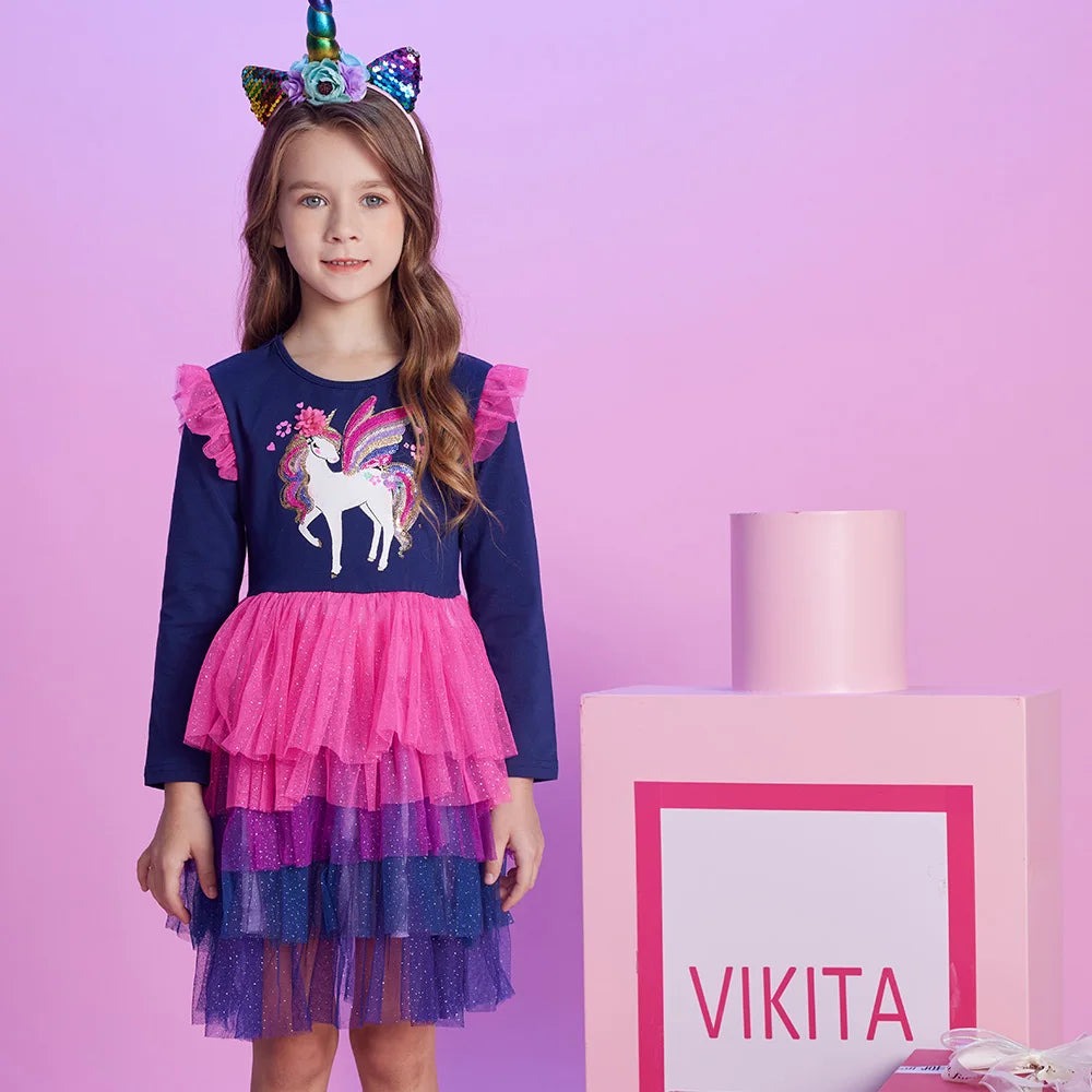 VIKITA Girls Gradient Autumn Dress Kids Licorne Sequined Appliqued Performance Mesh Tulle Prom Gown Girls Princess Cake Dresses