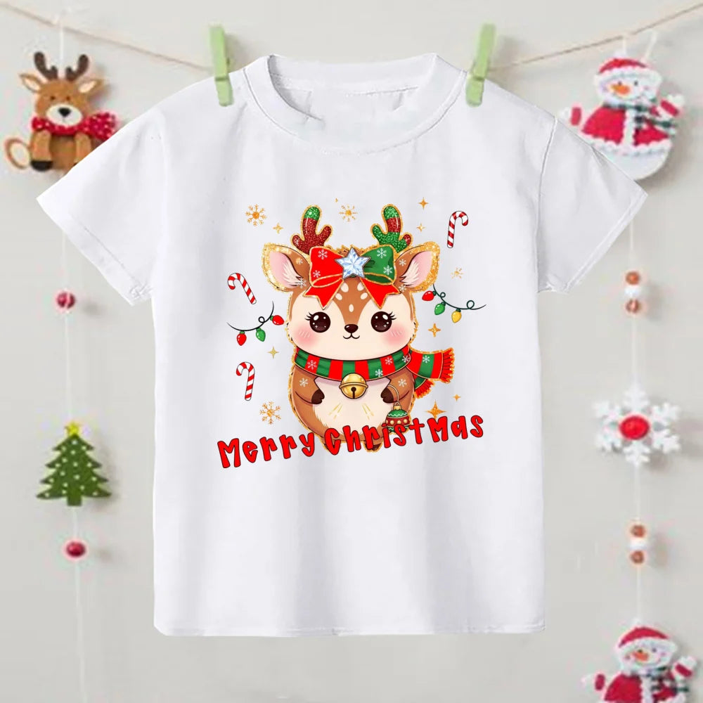 Christmas Fashion Kid Tee Top Round Neck Santa Claus/Tree/Snowman/Elk Print Shirt for Boy Girl Clothes Kids Unise