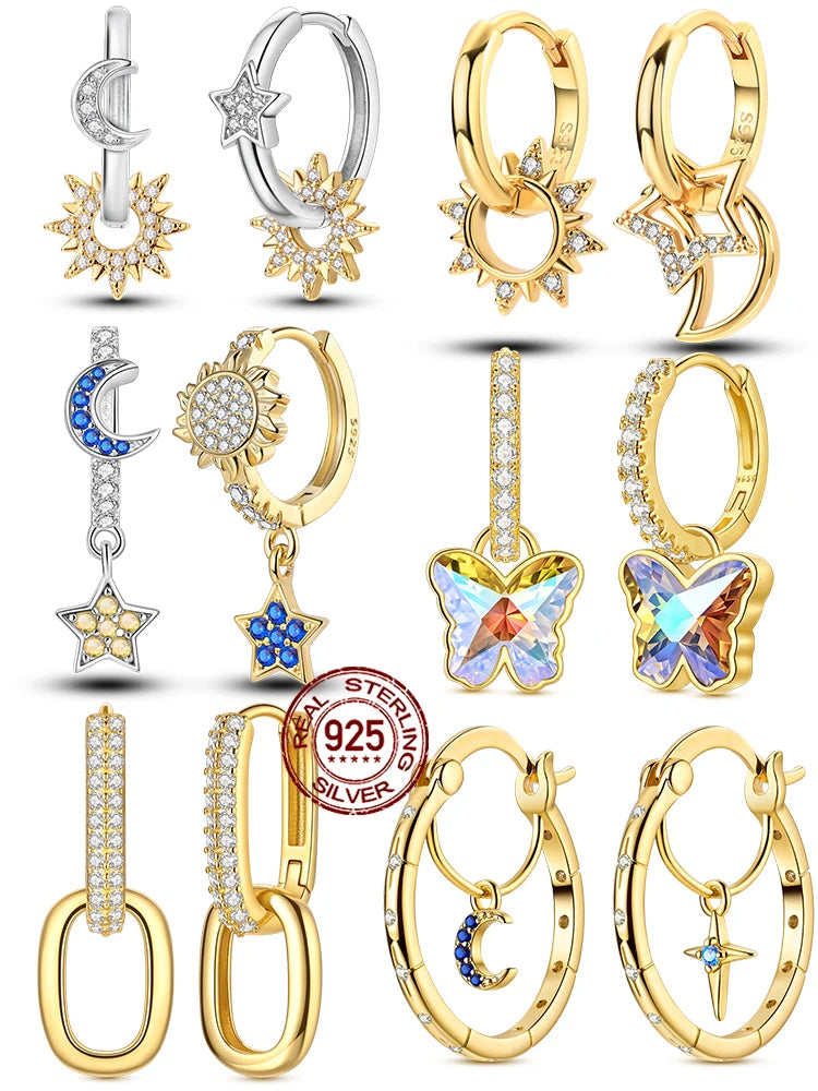 925 Sterling Silver Plated Gold Drop Earrings Star Sun Moon Earrings Removable Circle Heart Earrings For Women Hoop Earrings