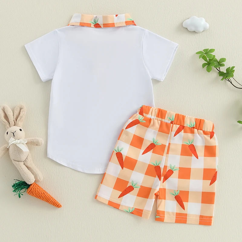 Boys Stylish Plaid Outfit Set with Short Sleeve Lapel Neck Half Button-up Top and Elastic Waistband Shorts for Summer