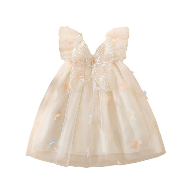 Elegant Baby Girl Lace Dress Sleeveless Square Neck Bow Tulle Princess Dress Toddler Party Dress with Angel Wings