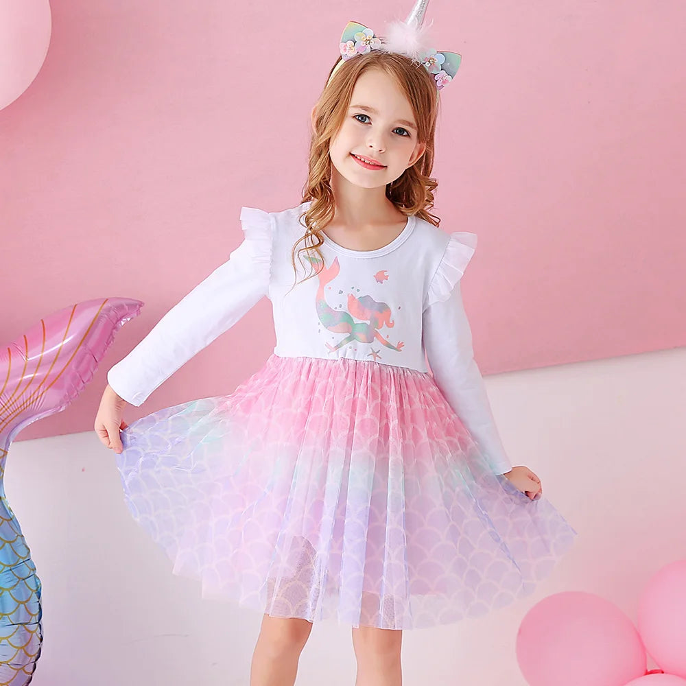 VIKITA Girls Mermaid Cartoon Print Dress Kids Autumn Spring Flare Sleeve Dresses Girls Patchwork Casual Princess Dresses 3-8 Yrs