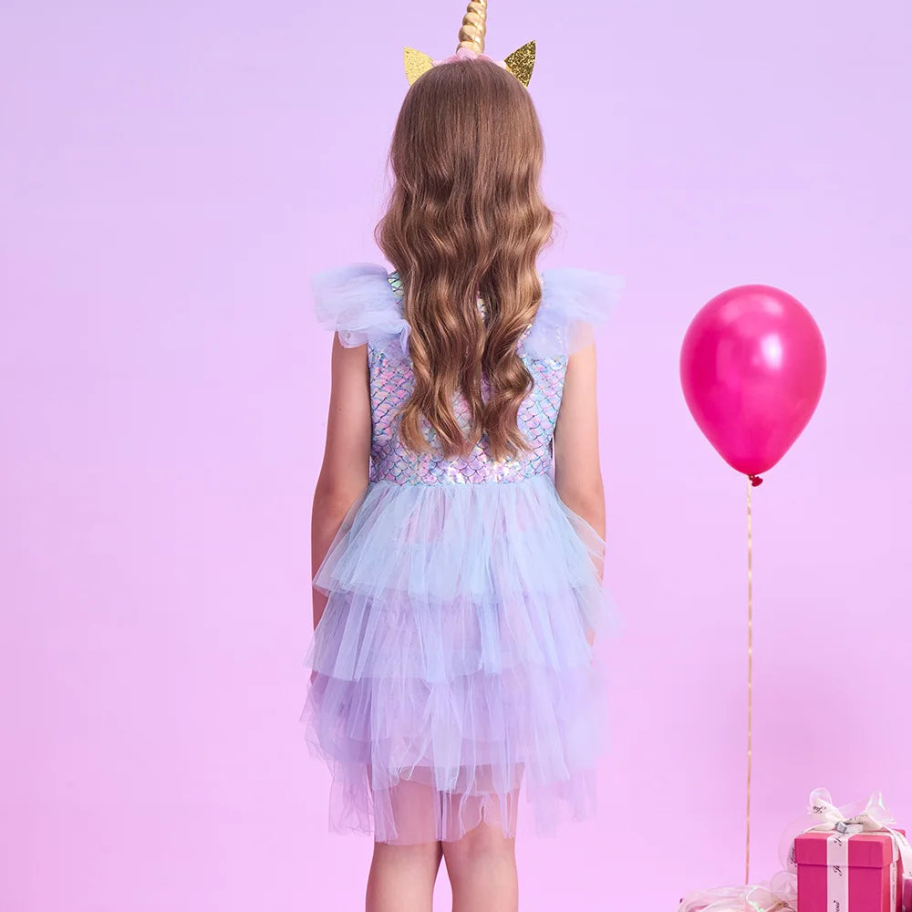 VIKITA Girls Flare Sleeve Summer Dress Kids Mermaid Print Birthday Party Travel Beach Princess Dresses Girls Mesh Tulle Dress