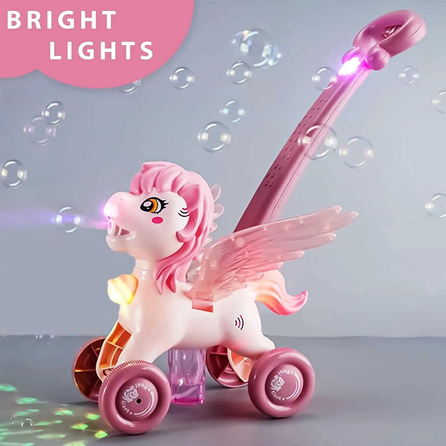 Pony Bubble Machine for Kids Automatic Bubble Lawn Mower with Light & Music Bubble Cart Outdoor Push Toys for Birthday Gift