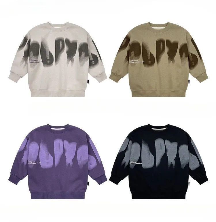 Boys' Medium To Large 2025 New Arrival No Hood Crewneck Spring/Autumn Trendy Street Style Kids Sweatshirt