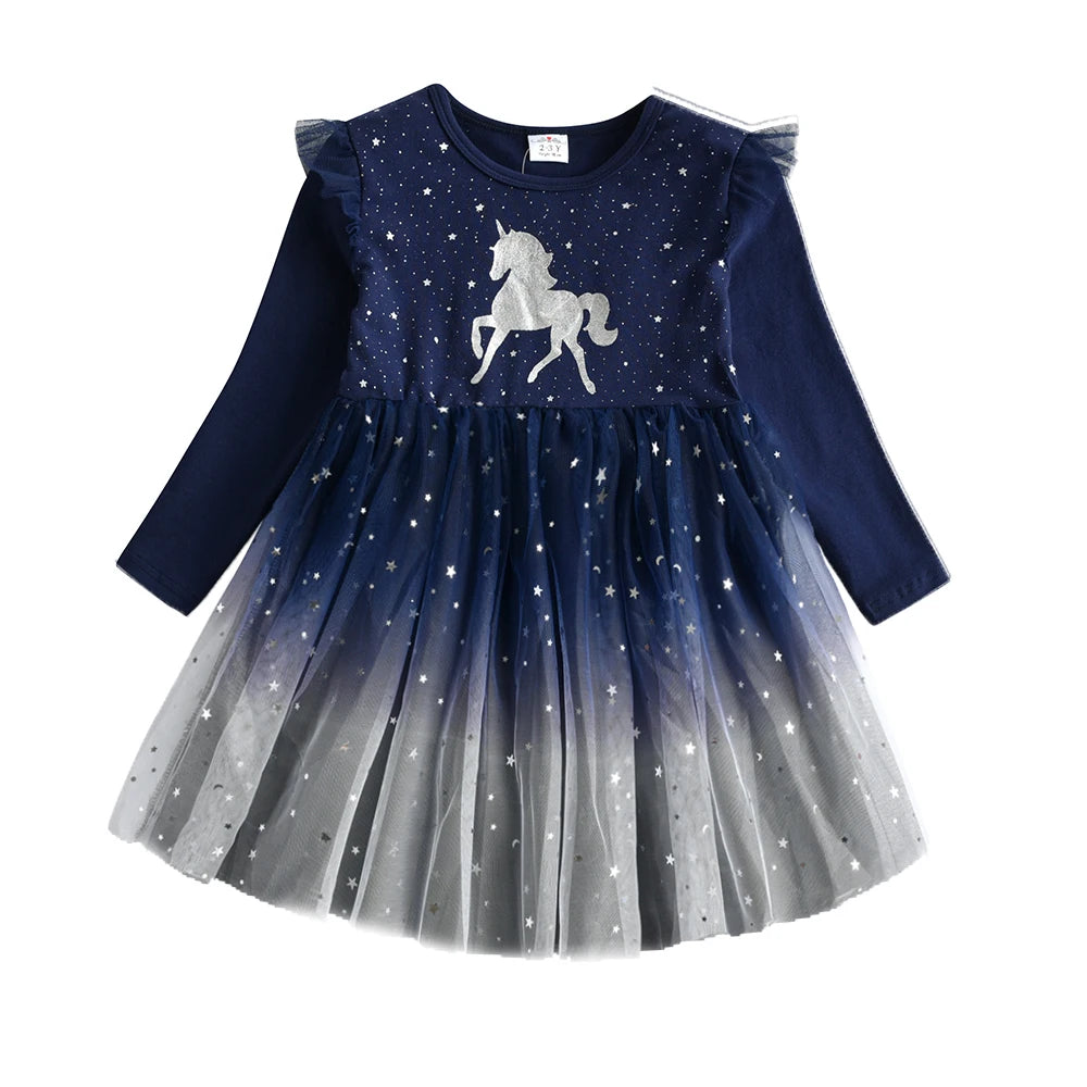 VIKITA Unicorn Kids Dresses For Girls Flying Sleeve Cotton Princess Girls Dress Winter Children Birthday Party Girls Clothing