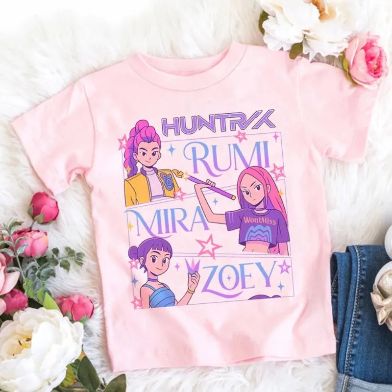 2025 New KPop Demon Hunters Child Short Sleeve T-shirt Anime Character Print Tees Boys Girls Summer Casual Tops Birthday Gift