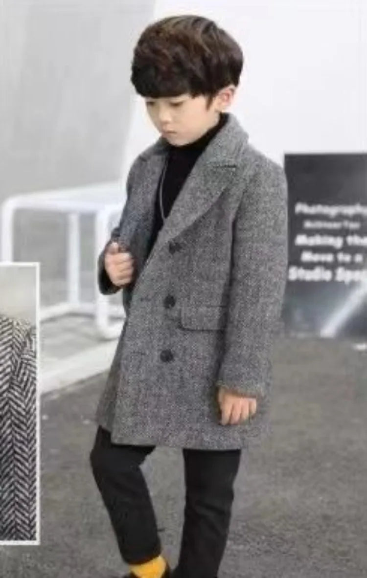 Boys Autumn Winter Quilted Thickened Wool Coat Korean Style New Big Kids Mid Length Stylish Coat