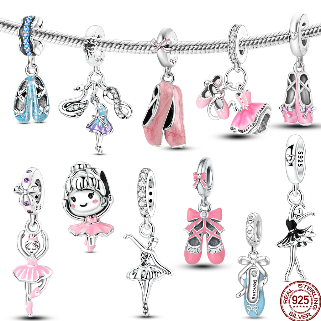 925 Sterling Silver Original Pink Ballet Shoes Charms Ballet Dancer Pendants For Women DIY Bead Fit Original Bracelet Necklace