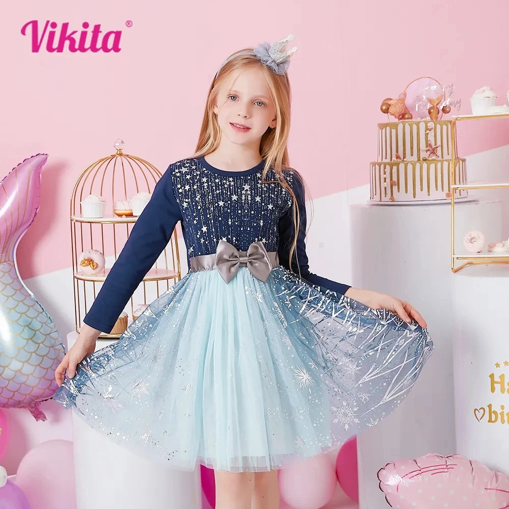 VIKITA Weihnachtskleid für Mädchen, Pailletten-Prinzessinnenkleid, Kinder-Spitzen-Mesh-Ballkleid, elegantes blaues Kleid für Neujahr