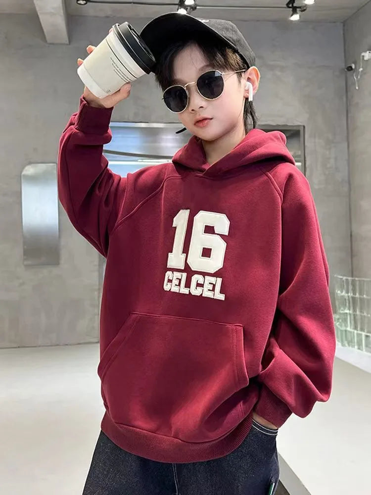 2025 Autumn Winter New Boys Mid-Large Size Fleece-Lined Hooded Sweatshirt - Stylish Boys Outerwear