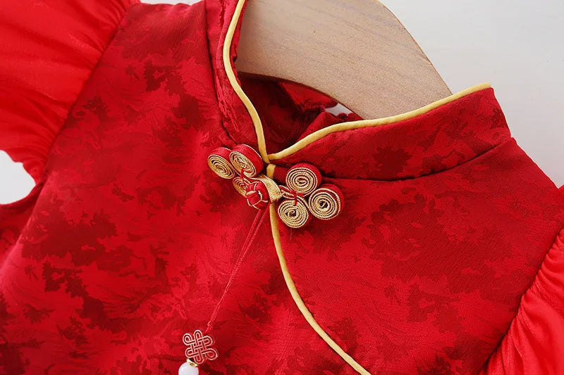 Summer New Chinese Retro Style Baby Girl Dress, Red Spring Festival Party Children'S Clothes Comes With Pendant (0 -3 Years）