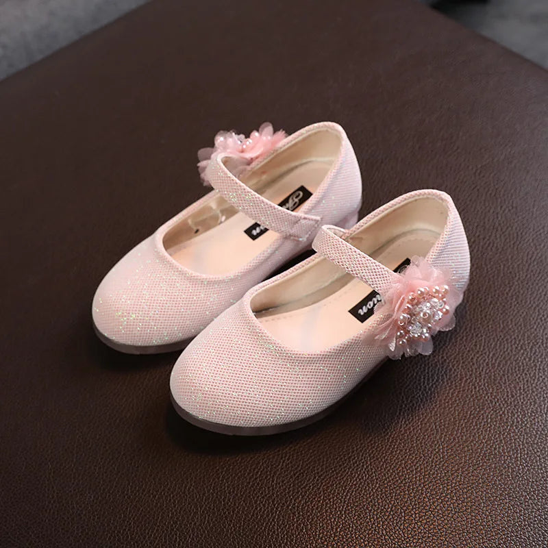 Korean Style Fashion Kids Beaded Little Flowers Leather Shoes Girls Princess Shoes Children Crystal Soft Bottom Dancing Shoes