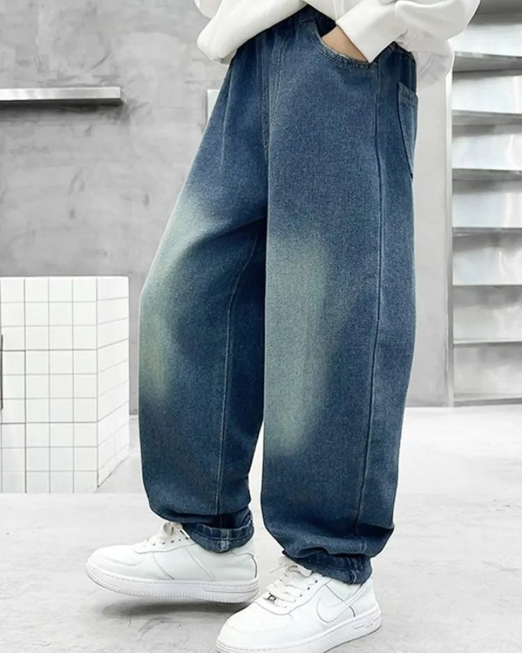 2025 New Boys' Loose Fit Jeans for Kids - Korean Style Washed Denim Long Pants, Trendy & Comfortable
