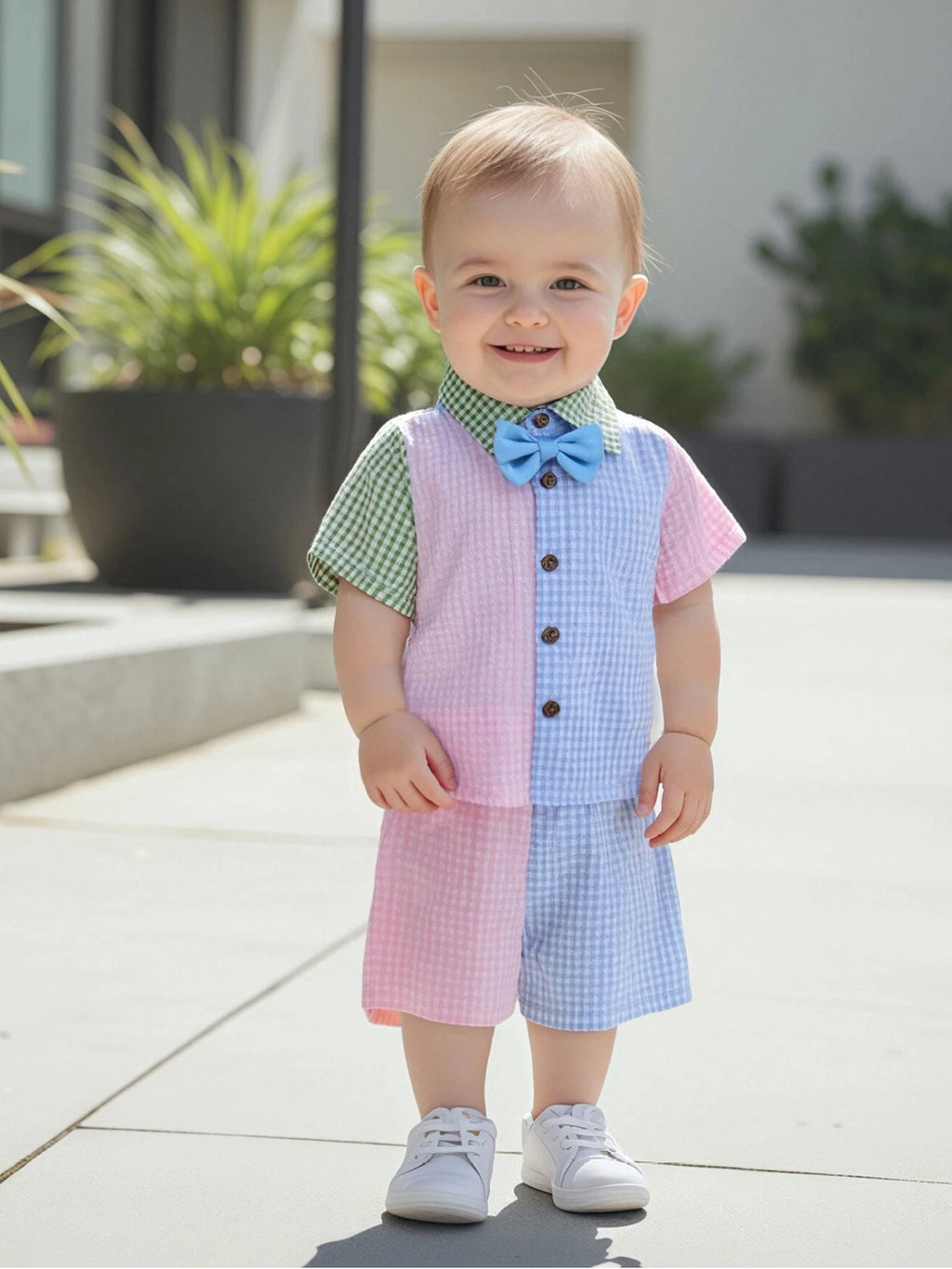 Toddler Boys Summer Outfit Striped Short Sleeve Shirt with Drawstring Waist Shorts Set Kids Casual Plaid Clothing