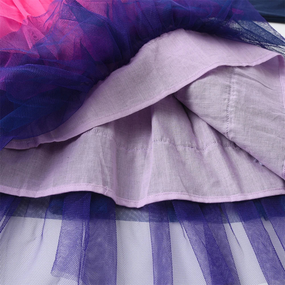 VIKITA Girls Unicorn Print Cartoon Dress Kids Flare Sleeve Prom Gown Girls Gradient Layered Mesh Tulle Tutu Princess Vestidos