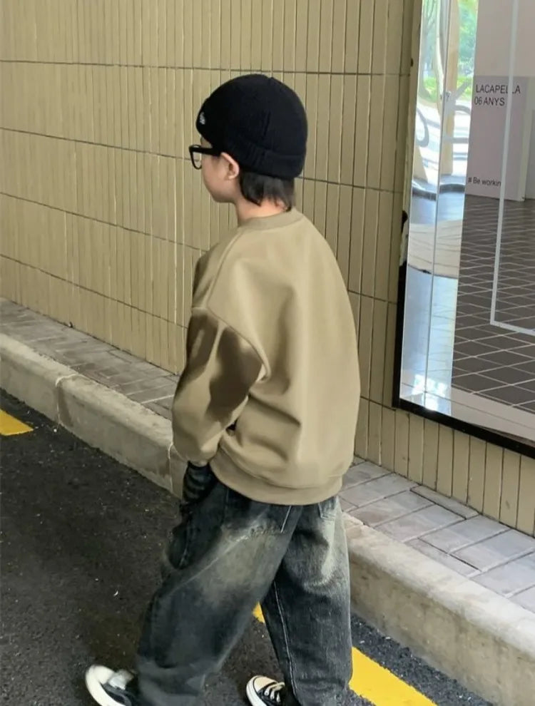 Boys' Medium To Large 2025 New Arrival No Hood Crewneck Spring/Autumn Trendy Street Style Kids Sweatshirt