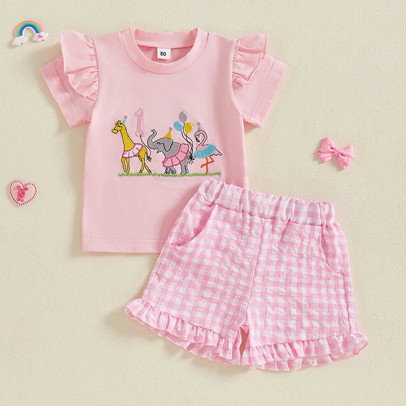 Toddler Girl Cute Unicorn Printed Short Sleeve T-Shirt and Denim Shorts 2-Piece Summer Outfit Set for 1st Birthday Party