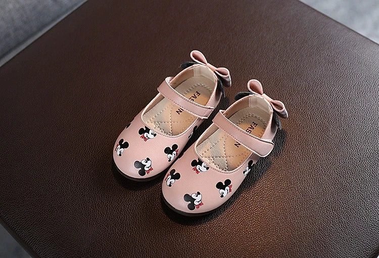 Disney Casual Shoes Kids Mickey Mouse Shoes For Girls Outdoor White Pink PU Leather Children Flats Soft Toddler Size 21-30
