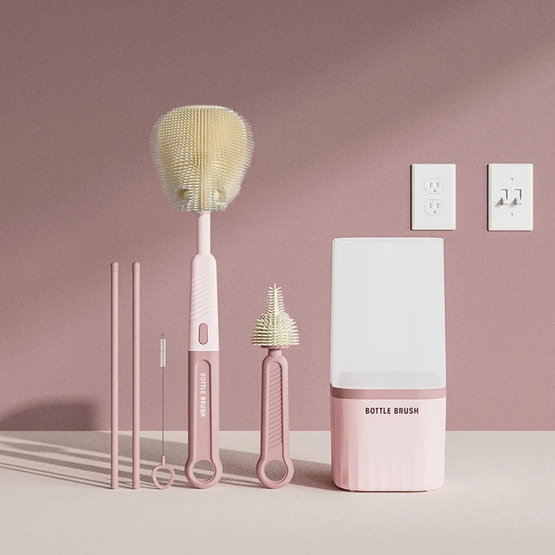 Baby Silicone Bottle Brush Set with Stand Baby Cleaning Brush Travel Size Drain Rack Long Handle 3 in 1 Multipurpose