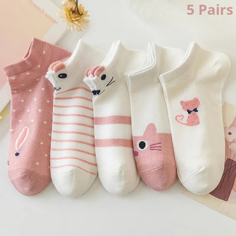 5/10/20 Pairs Women's Short Tube Socks Pink Cat Thin Four Seasons Cute Boat Sockslow Top Ins Trendy Socks