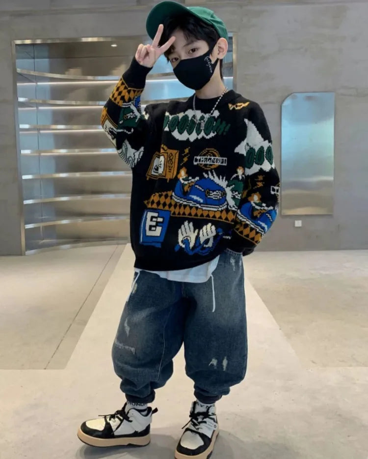 2025 New Boys' Autumn/Winter Fleece-Lined Thickened Pullover Knit Sweater - Warm Base Layer for Kids, Trendy & Cozy Design