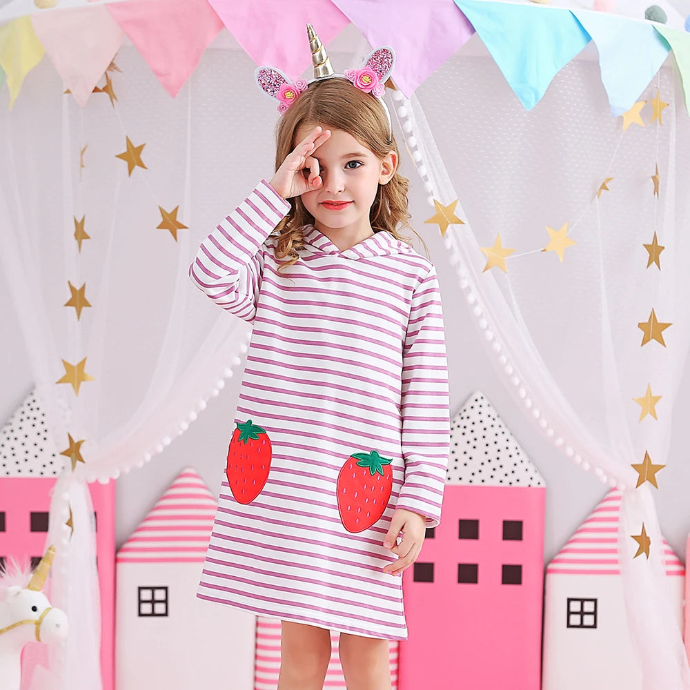 DXTON Girls Hooded Dress Winter Toddlers Hoodies Dress Strawberry Applique Kids Costumes Striped Children Casual Dress Clothing