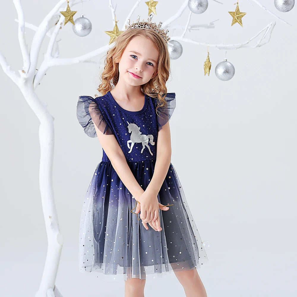 VIKITA Girls Flare Sleeve Summer Dress Kids Unicorn Print Birthday Party Mesh Tulle Princess Elegant Dresses Girl Gradient Dress
