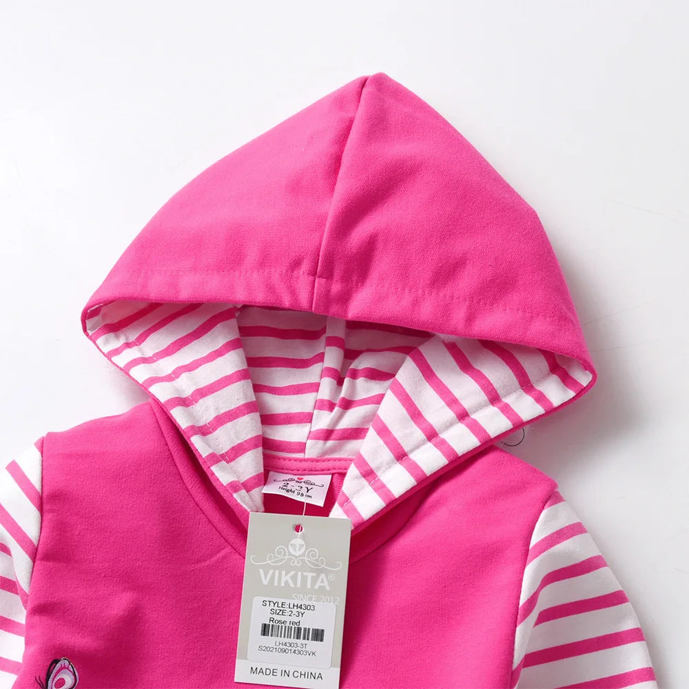 VIKITA Kids Cotton Casual Street Fashion Dress Girls Licorne Butterfly Sequined Appliqued Hooded Dresses Kids Cute Pink Dress
