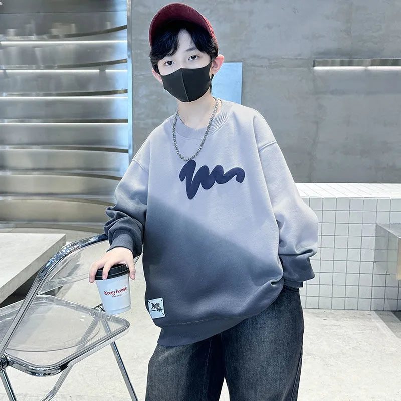 Boys' Medium-Large 2025 Autumn/Winter Trendy Fleece-Lined & Thickened Warm Loose Fit No Hood Sweatshirt