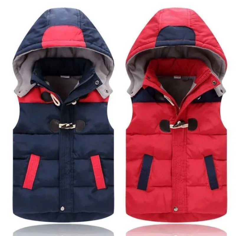 Kids' Autumn Winter Thickened Cotton Hooded Vest with Detachable Hood Soft Lambswool Lined Stand Collar Outerwear for Boys