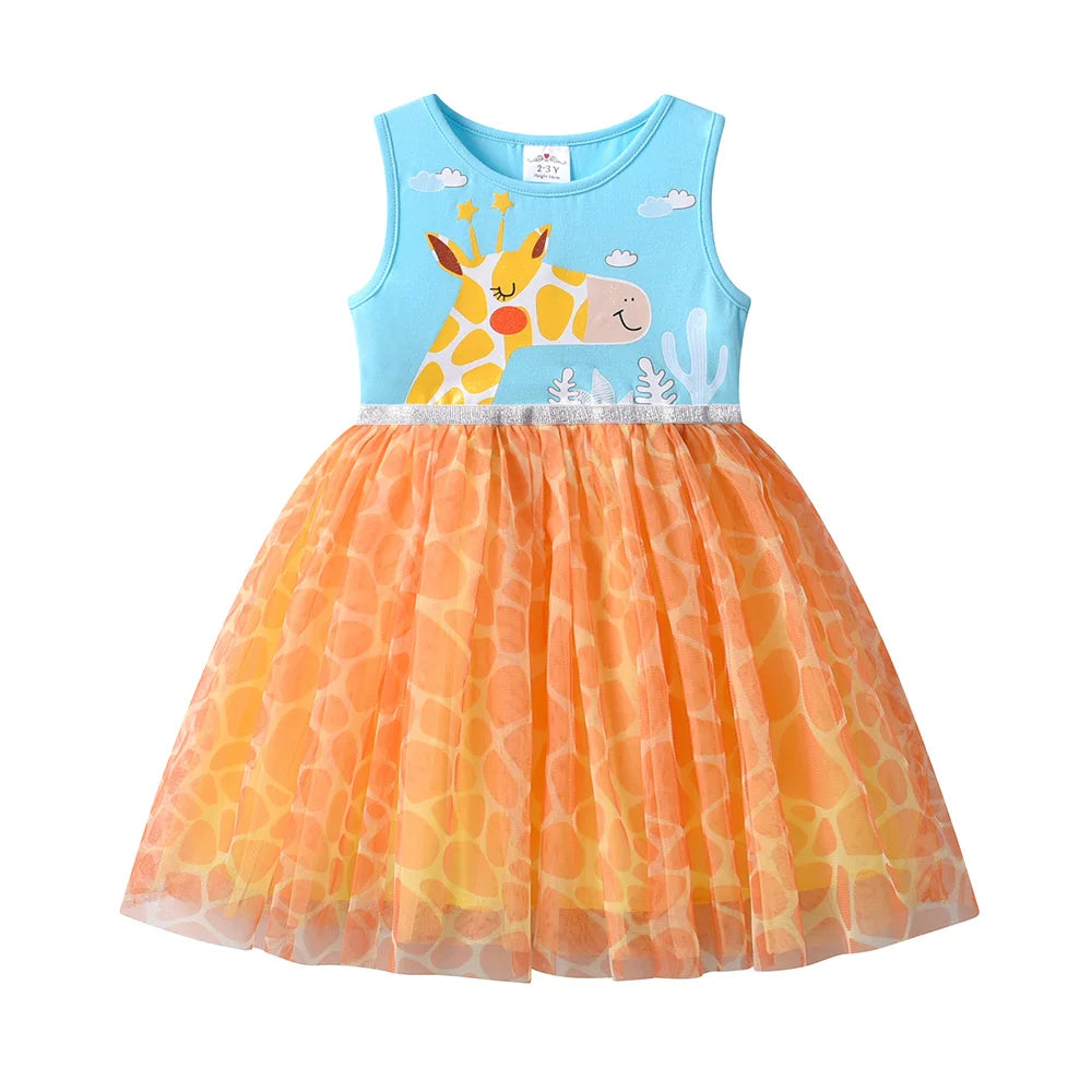 VIKITA Girls Sleeveless Summer Patchwork Dress Kids Giraffe Cartoon Print Infantil Vestidos Kids Mesh Tulle Party Casual Dresses