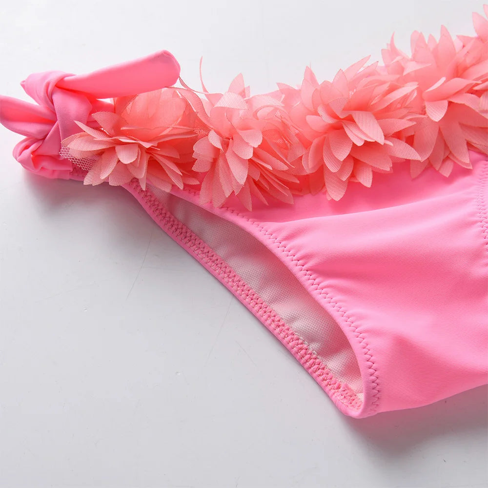 Girls Pink Floral Bikini Sets Kids One Shoulder Tulle Pink Swimsuit 2 Pcs Toddlers Summer Beach Vacation Party Stylish Swimwear