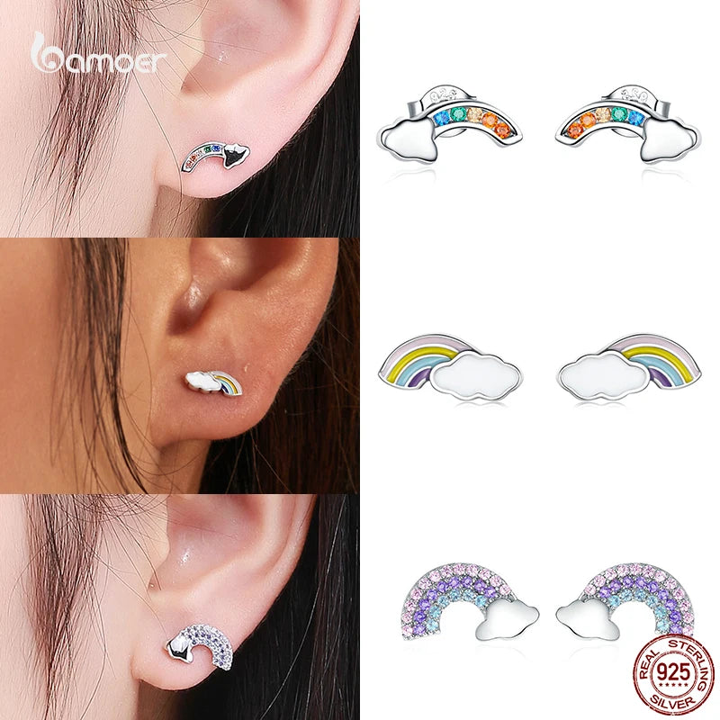 Bamoer 925 Sterling Silver Luxury Girl Earrings Rainbow Butterfy Cute Fancy Funny Ear Stud Original for Women Party Fine Jewelry